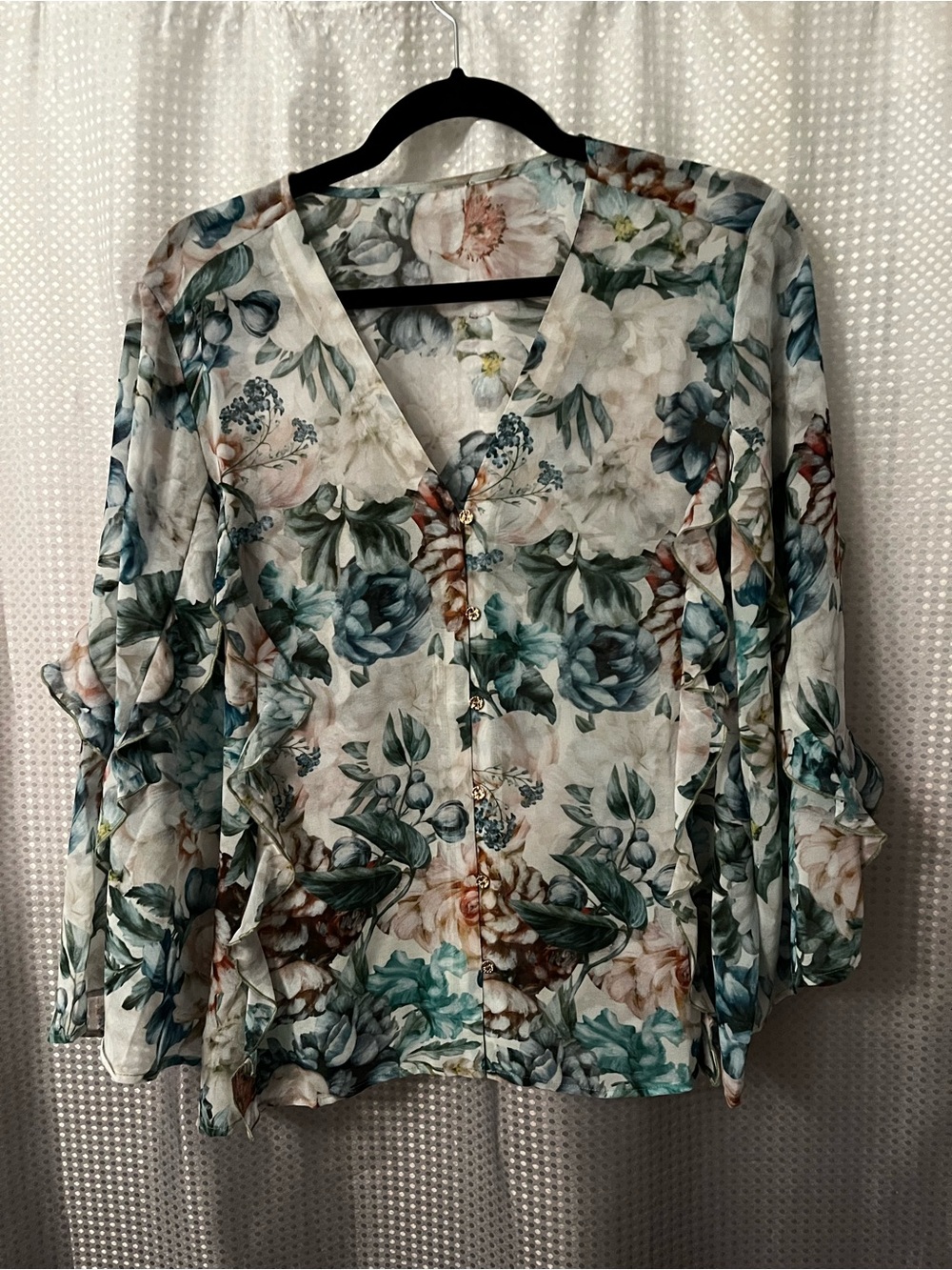 Chico's Floral Button-Front Blouse in Teal, Cream & Brown